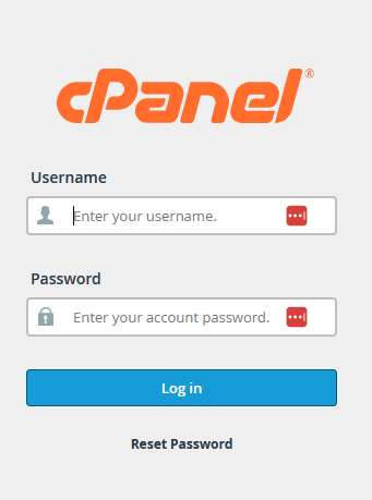 screenshot of cPanel login screen with a space for username and password