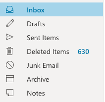 A screenshot of the different folders in your Outlook email. Top to bottom the folders are Inbox, Drafts, Sent Items, Deleted Items, Junk Email, Archive, and Notes.