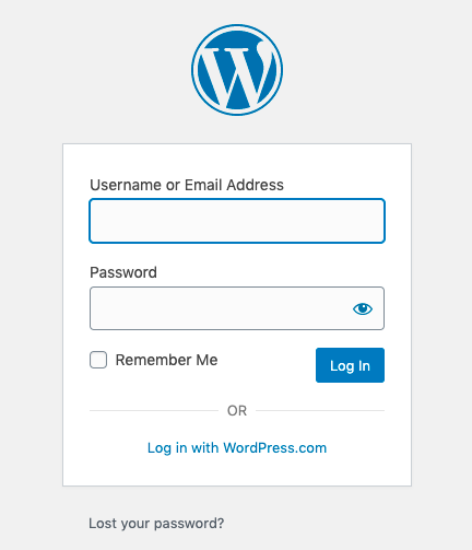 A screenshot of the WordPress login page. There are two input fields for your username or email address and password. An option to log in with WordPress.com and a "lost your password?" link. 