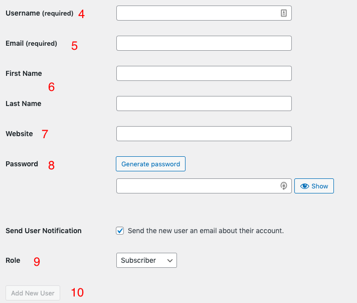 A screenshot of the Add New User form. The fields are labeled starting with 4 for Username, 5 for Email, 6 for first and last name, 7 for website, 8 for password, 9 for role, and 10 for the Add New User button.