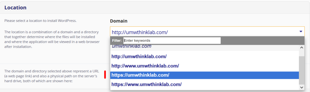Screenshot of domain location dropdown with https://umwthinklab.com link highlighted in blue.