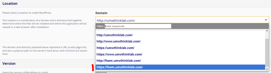 Screenshot of installing WordPress at your subdomain location.