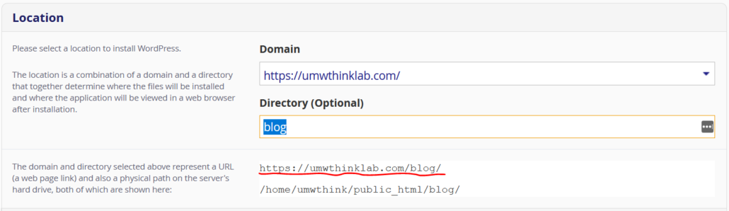 Screenshot of location directory field having 'blog' in it.