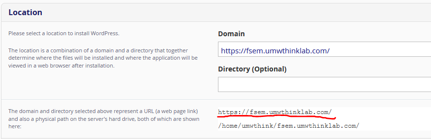 Screenshot of subdomain install with empty Directory field.