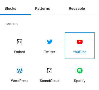 A screenshot of the "Embeds" section of the toggle block inserter.