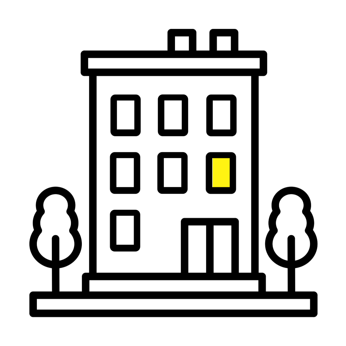 an icon of an apartment building with several empty windows and one yellow window