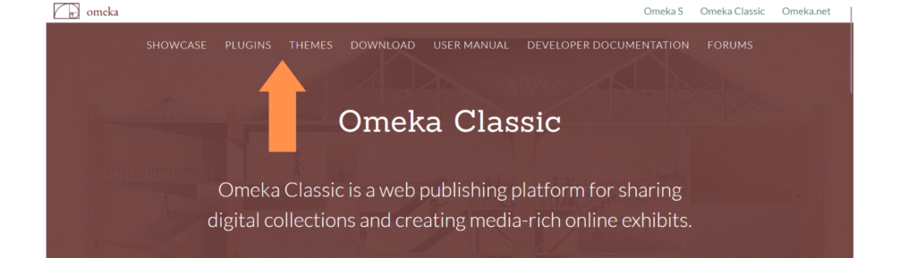 Orange arrow pointing to where you can find themes and plugins