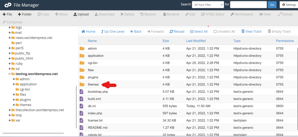 Red arrow pointing to the themes folder