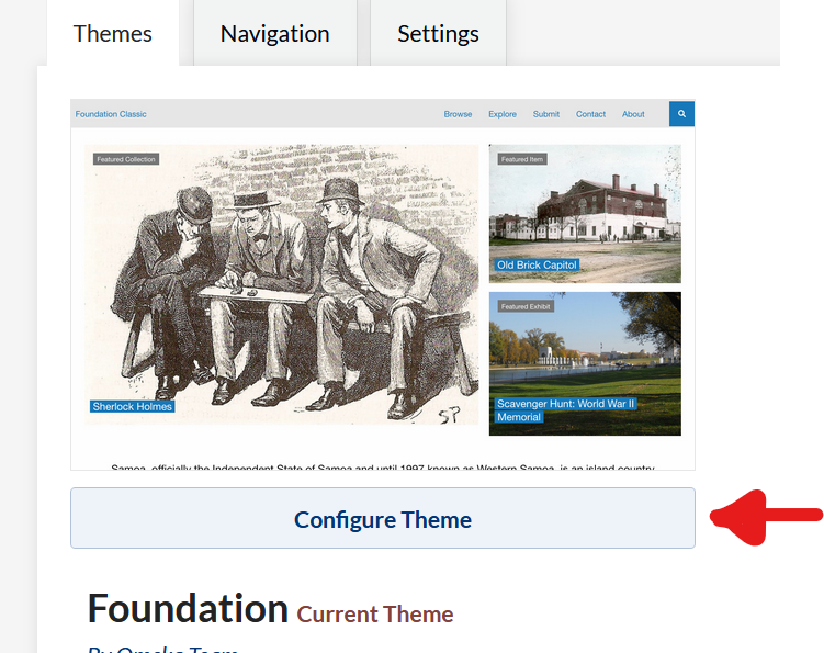 Red arrow pointing to where to find configure theme