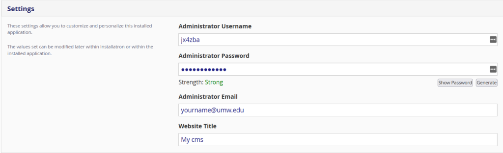 Example of the settings options