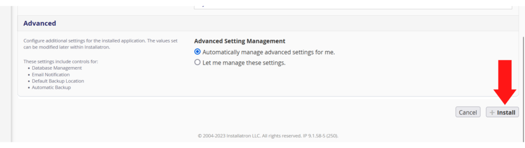 Red arrow pointing to the install button