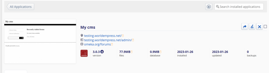The three links listed for your new Omeka site