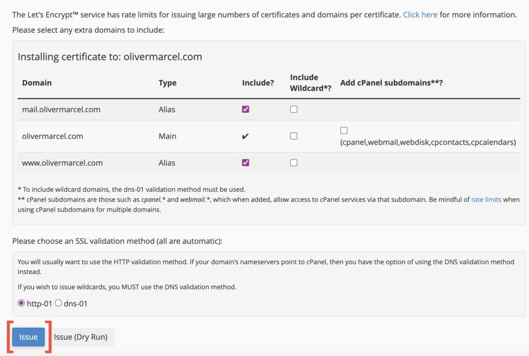 Let's Encrypt SSL install settings