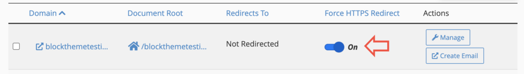 Domain segment with the Force HTTPS Redirect toggle on