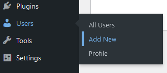 screenshot of wordpress dashboard where the users tab is open, highlighting the add new users option