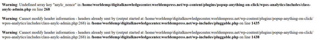 Screenshot of an error code in WordPress