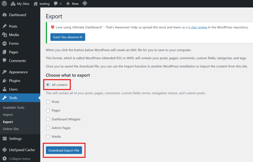 Sites@UMW Export page with "All Content" selected and outlined in a red square and the "Download Export File" button outlined in a red square.