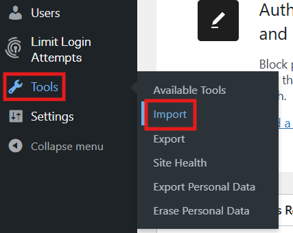 Domain of One's Own dashboard. The tool menu is highlighted and the Import tab under it has been selected.