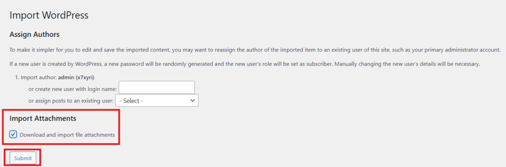 DoOO Import WordPress page with the Import Attachments box selected and outlined with red along with the submit button.