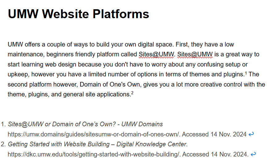 A small bit of example text talking about UMW website platforms with what the footnotes should look like, along with the note citations.