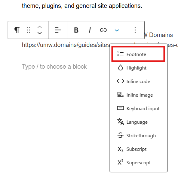 DoOO's paragraph block dropdown menu with the Footnote tab outlined in red.