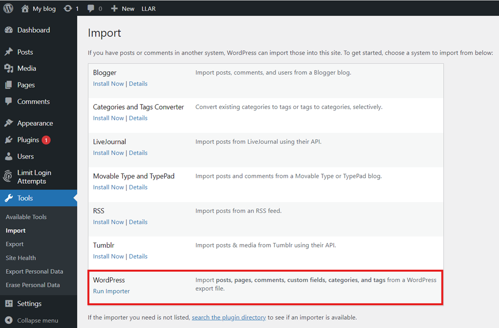 Domain of One's Own's Import page with the WordPress section at the bottom outlined in red.