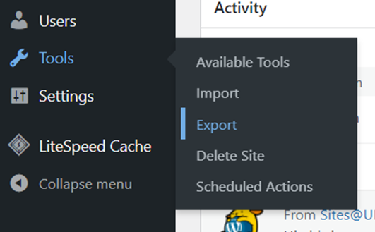 Sites@UMW dashboard. The tool menu is highlighted and the Export tab under it has been selected.